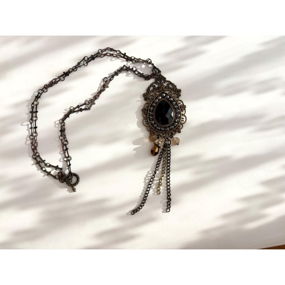 Victorian Inspired Teardrop Shaped Bronzed Faux Filigree Pendant Necklace - 18" - Picture 2 of 14